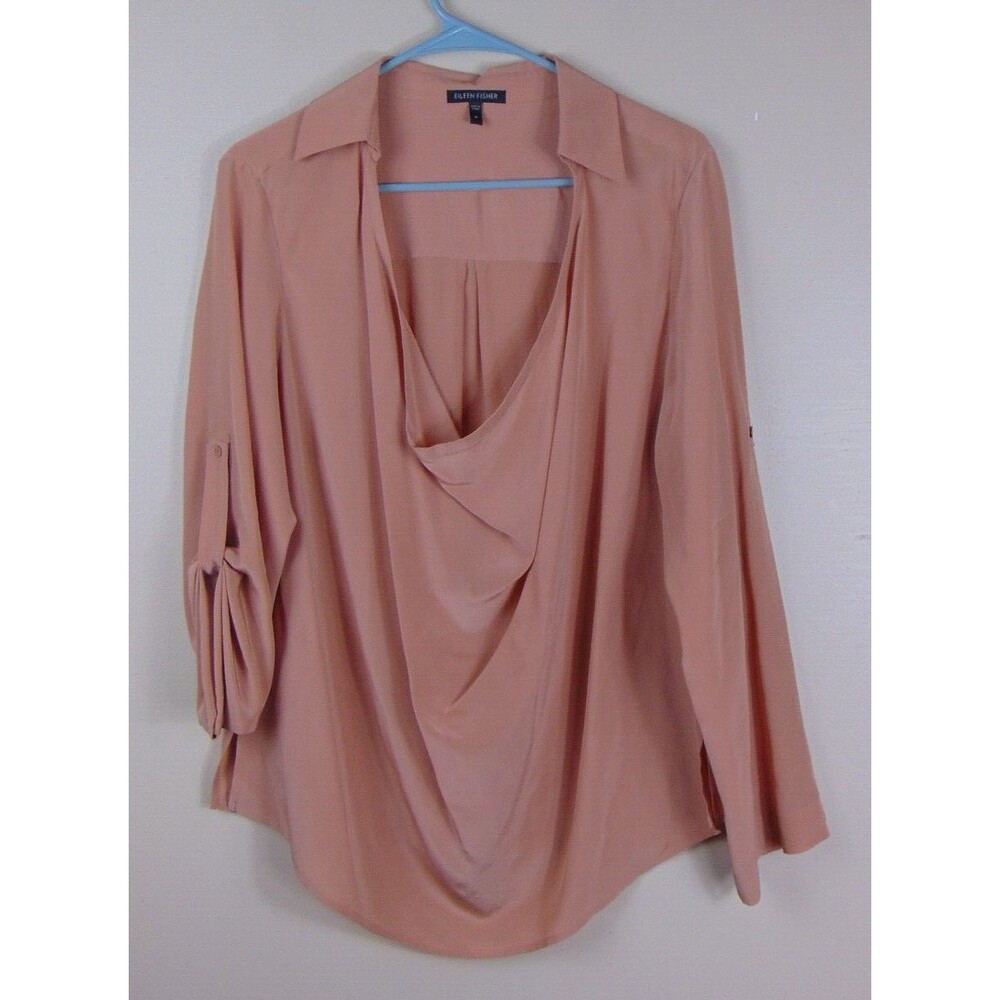 Eileen Fisher 100% Silk Blouse Small Collared Mauve Roll Tab Women's s